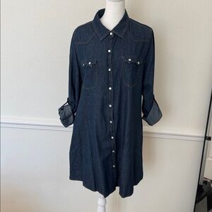 Yahada Dark Blue Denim Shirt Dress Western Pearl Snaps